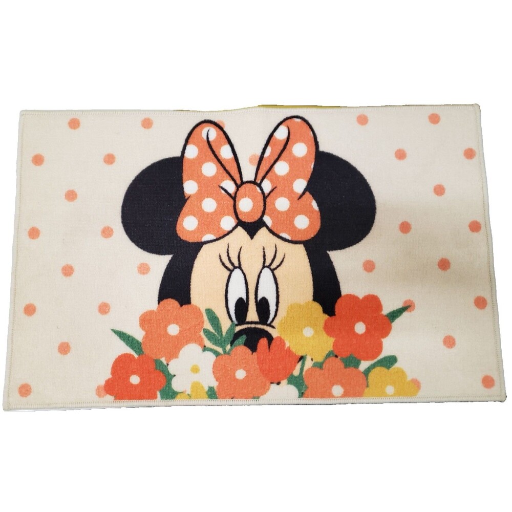 Printed Nylon Rug (20"x32") DISNEY MINNIE MOUSE WITH FLOWERS & ORANGE POLKA DOTS